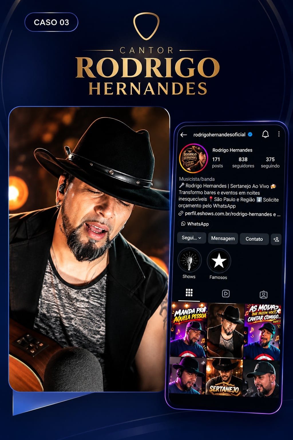 Case Rodrigo Hernandes Oficial: foto do artista e perfil de Instagram com grid de conteúdos